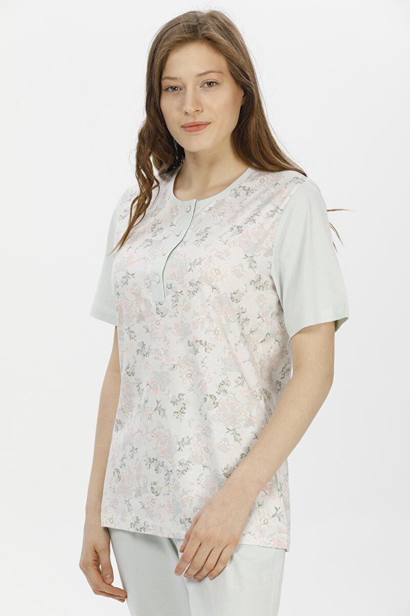 Pijadore 1206 Kadın Kısa Kol Çiçek Desen Pijama Takımı - YEŞİL