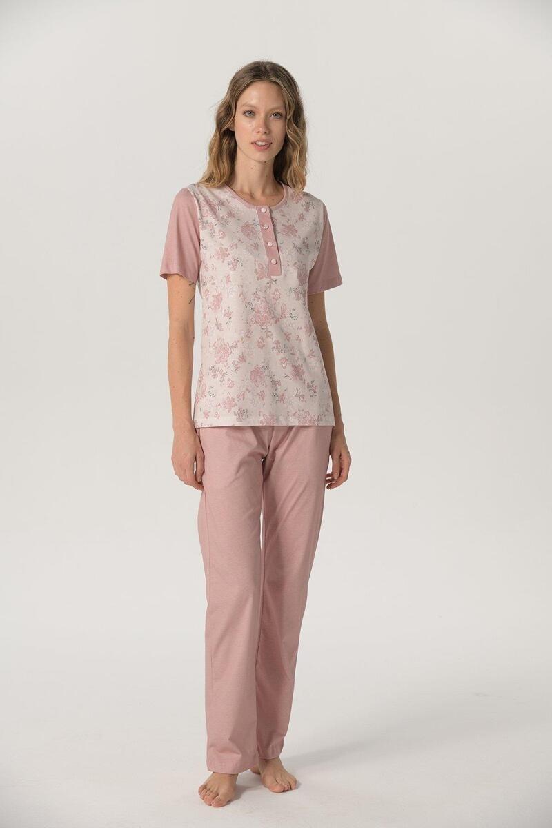 Pijadore 1206 Kadın Kısa Kol Çiçek Desen Pijama Takımı - PEMBE