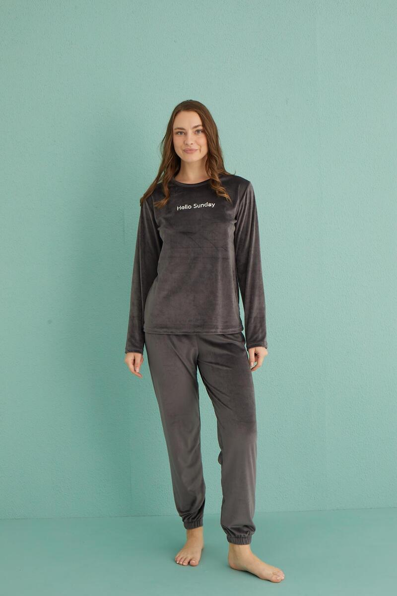 Gd Goldoremi 13164-5 Kadın Hello Sunday Kadife Uzun Kol Pijama Takım - FÜME