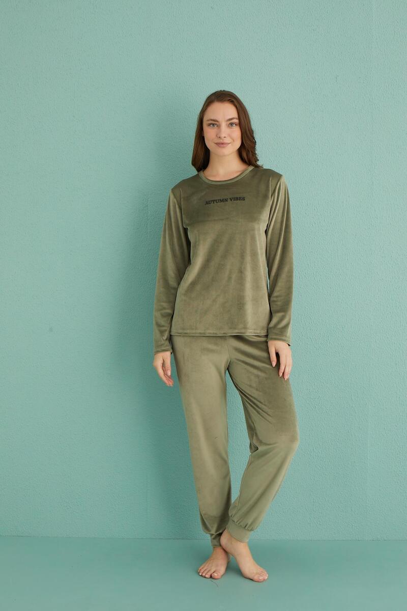 Gd Goldoremi 13165-11 Kadın Automn Vibes Kadife Manşetli Pijama Takım - YEŞİL