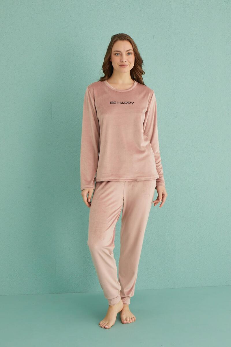 Gd Goldoremi 13165-9 Kadın Be Happy Kadife Manşetli Pijama Takım - PUDRA