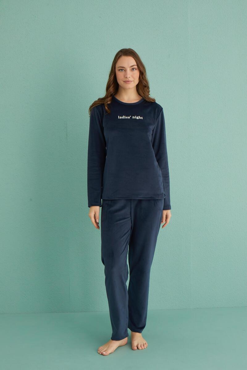 Gd Goldoremi 13166-11 Kadın Ladies Night Kadife Uzun Kol Pijama Takım - LACİVERT