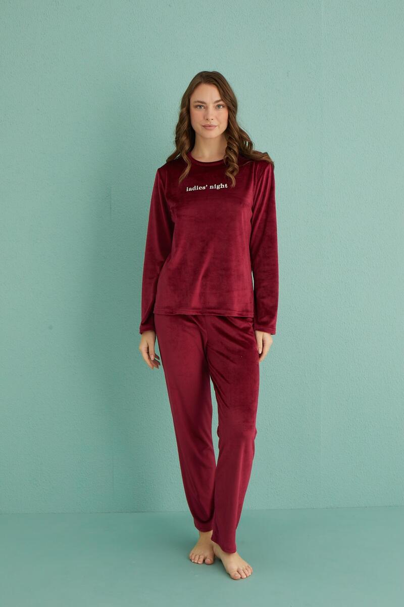 Gd Goldoremi 13166-12 Kadın Ladles Night Kadife Pijama Takım - BORDO