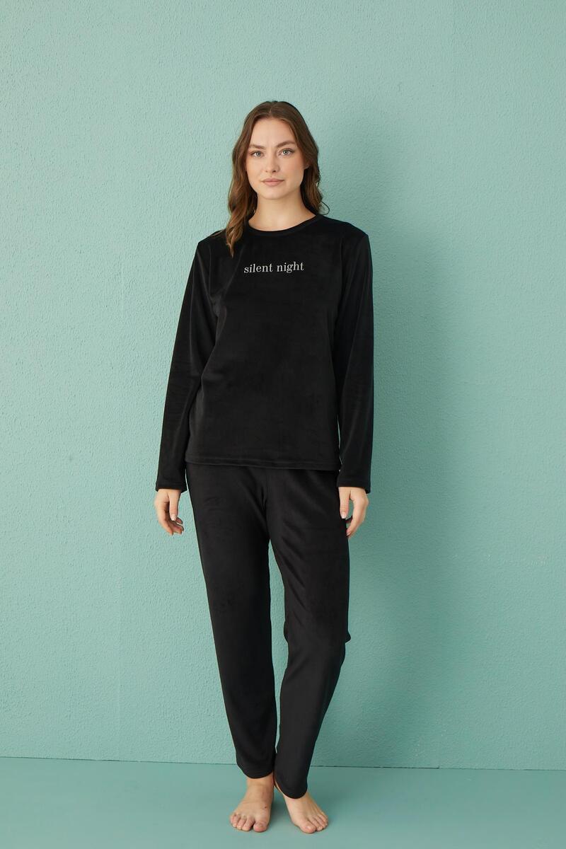 Gd Goldoremi 13166-17 Kadın Slient Night Kadife Uzun Kol Pijama Takım - SİYAH