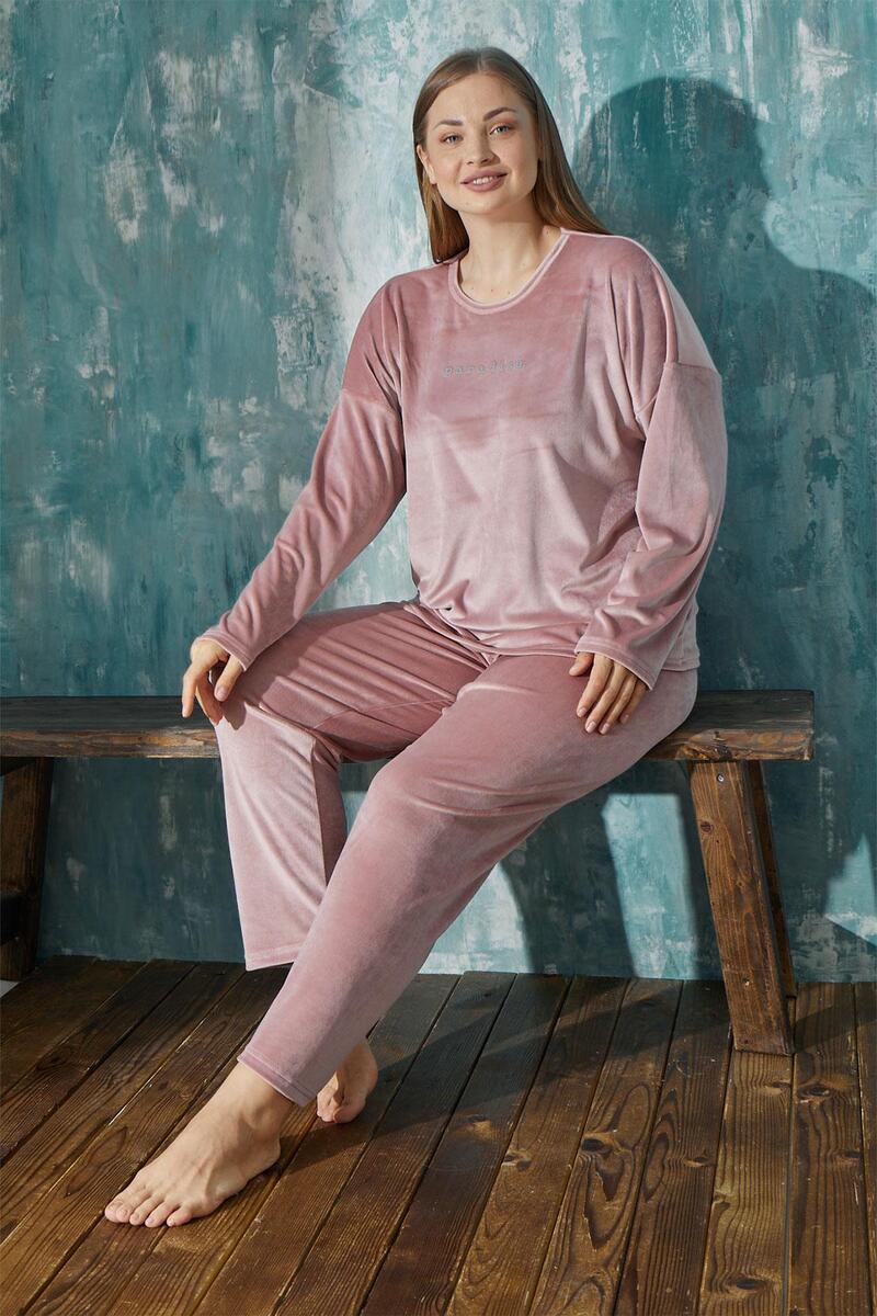 Gd Goldoremi 13208-4 Kadın Büyük Beden Kadife Uzun Kollu Pijama Takımı - PUDRA