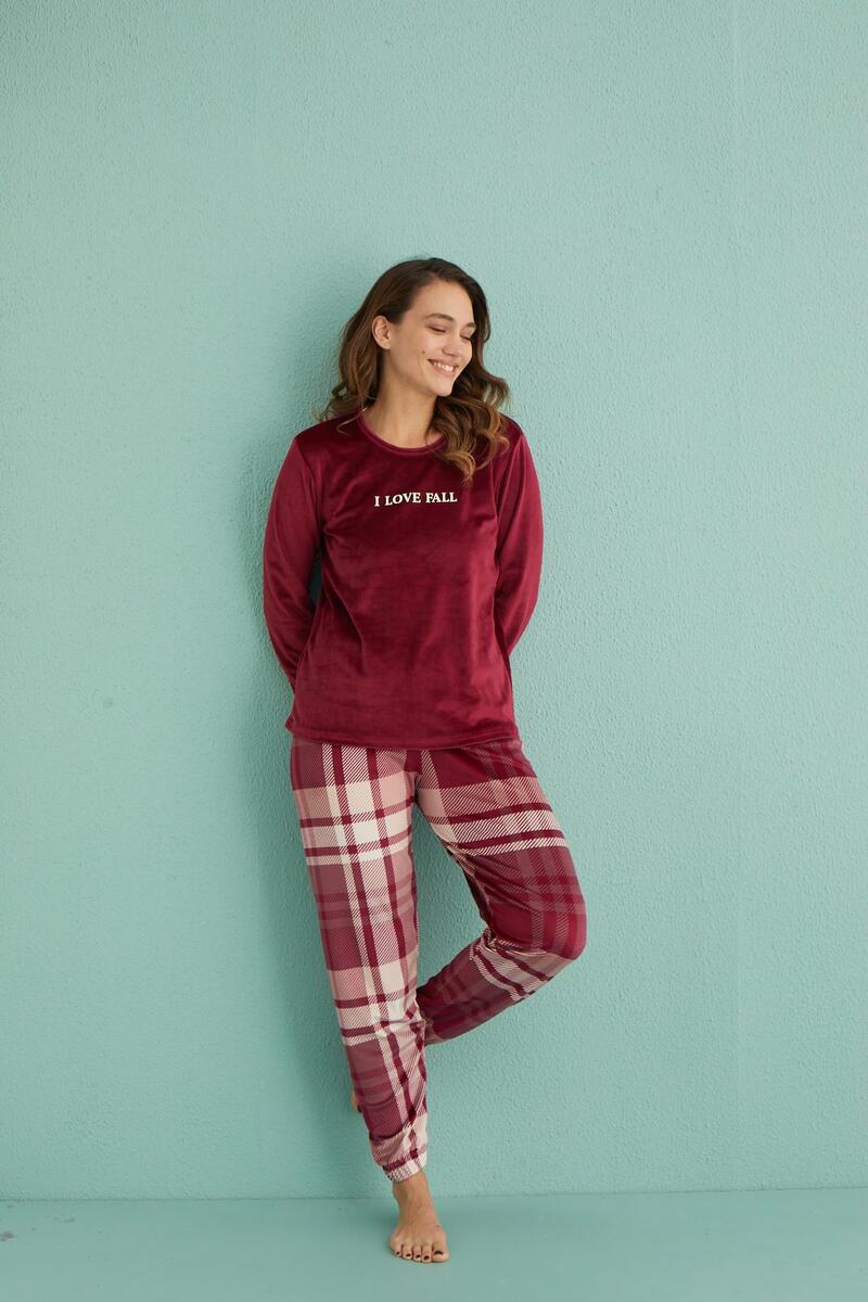 Gd Goldoremi 13312-1 Kadın Love Fall Kadife Pijama Takım - BORDO