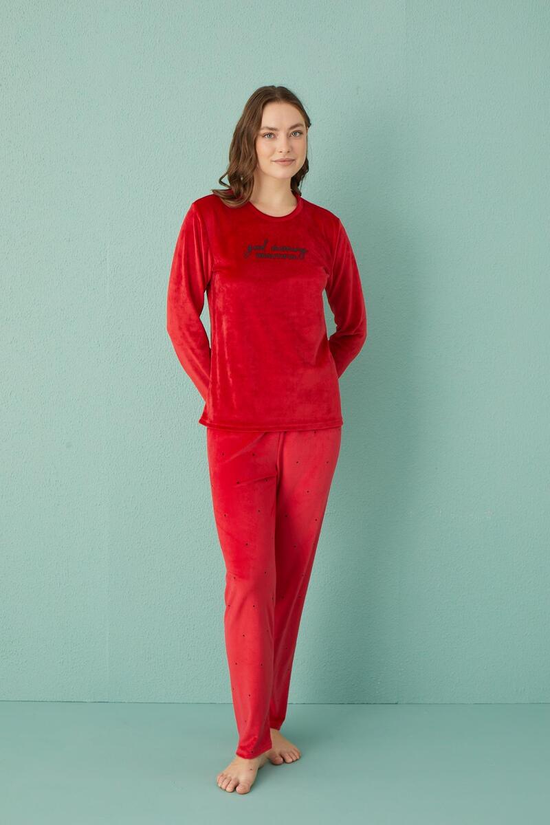 Gd Goldoremi 13312-6 Kadın Good Morning Beautiful Kadife Pijama Takım - KIRMIZI