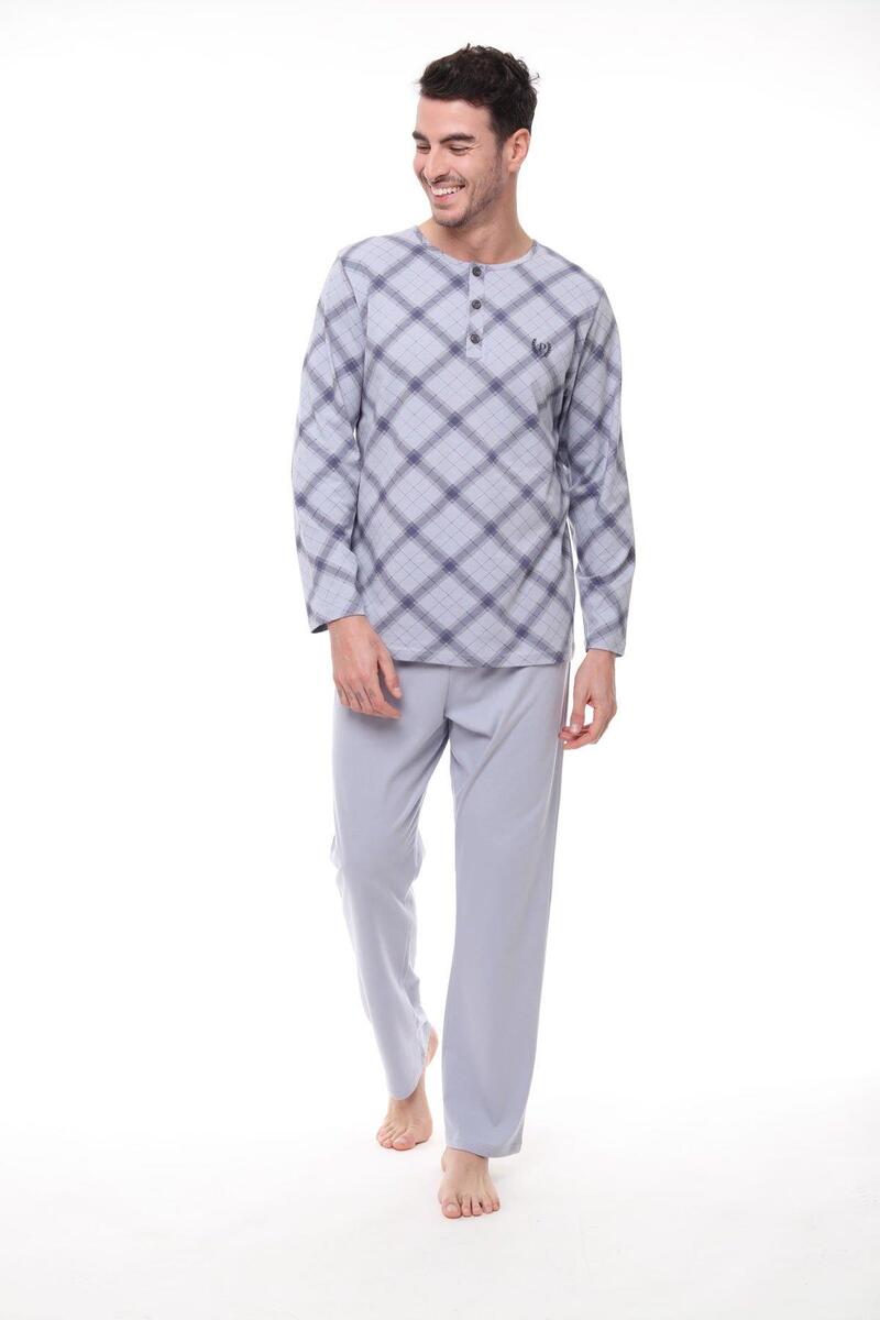 Pijadore 1407 Erkek Büyük Beden Uzun Kollu Kareli Düğmeli Pijama Takım - MAVİ