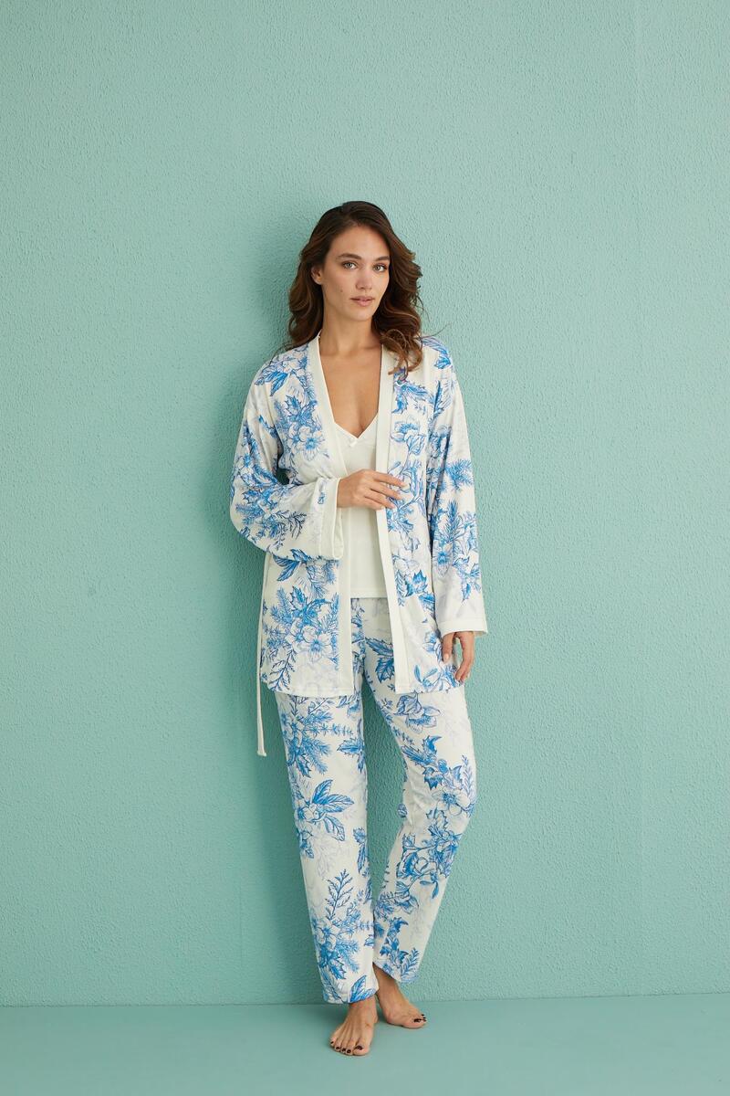 Gd Goldoremi 14401-4 Kadın Termal Kumaş 3'lü Sabahlıklı Pijama Takım - BEYAZ