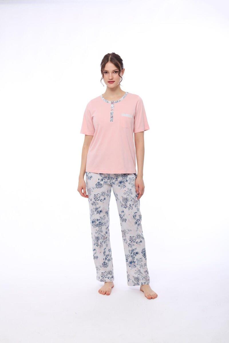 Pijadore 1444 Kadın Çiçekli Cepli Kısa Kollu Pijama Takım - PEMBE