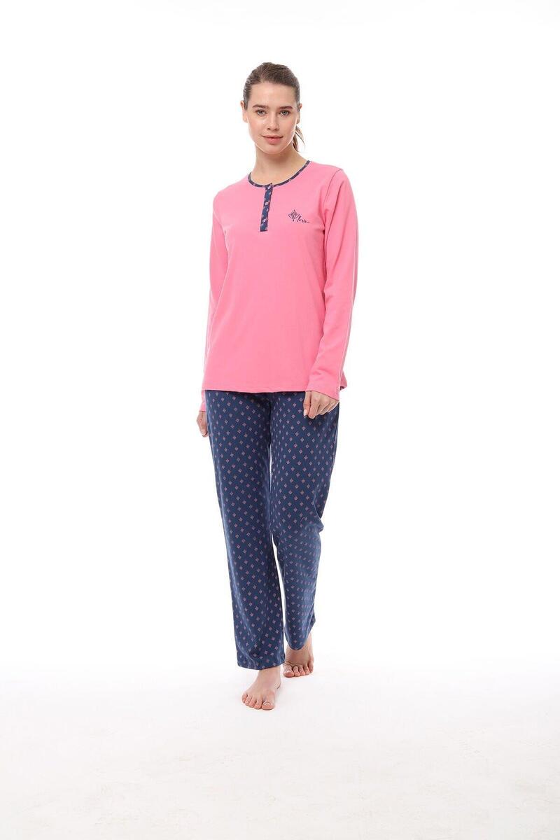 Pijadore 1538 Kadın Yaka Düğmeli Uzun Kollu Pijama Takım - PEMBE