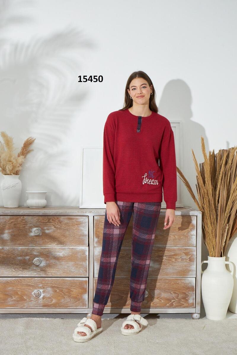 Sevim 15450 Kadın Nakışlı Uzun Kol Pijama Takım - KIRMIZI
