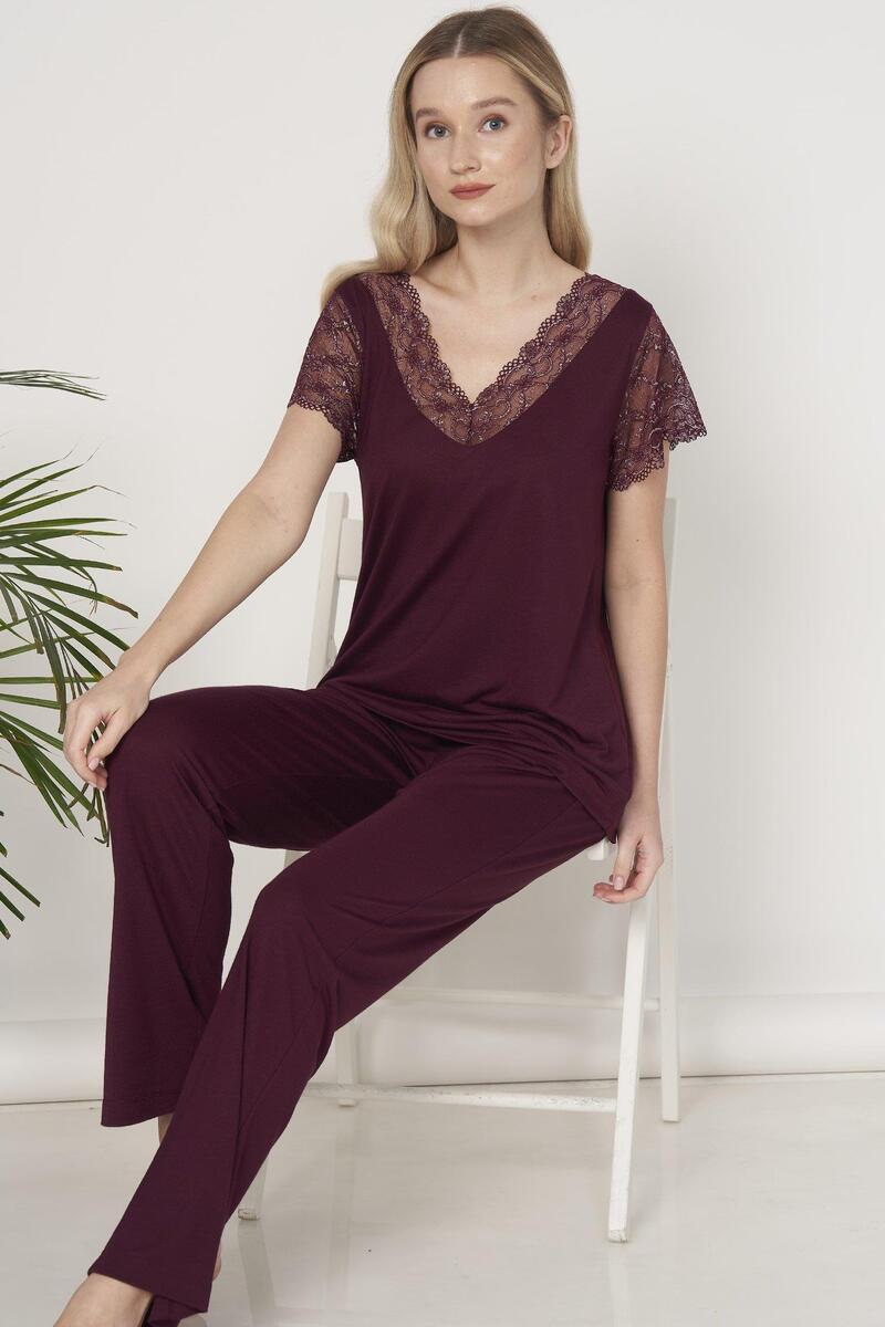 Pijadore 1604 Kadın Kısa Kol Yaka ve Kol Dantelli Pijama Takım - BORDO