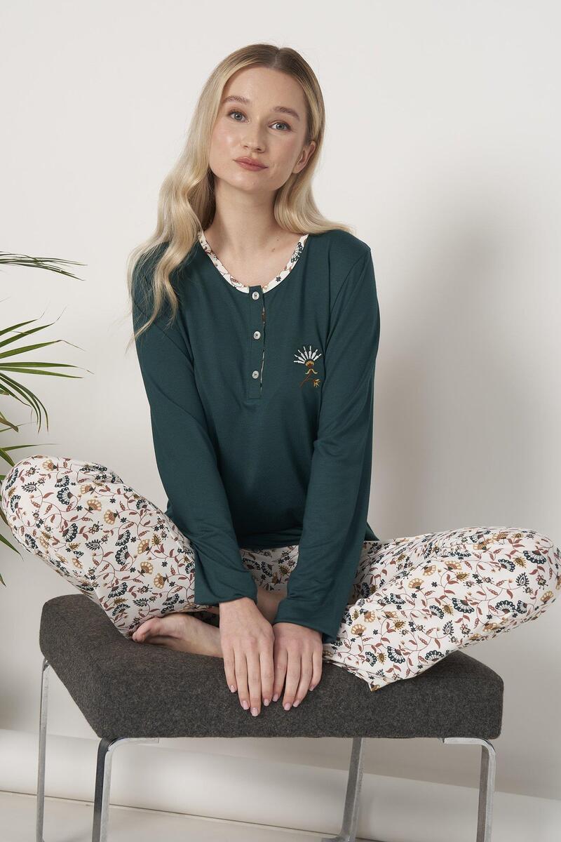 Pijadore 1618 Kadın Büyük Beden Uzun Kollu Pijama Takım - YEŞİL