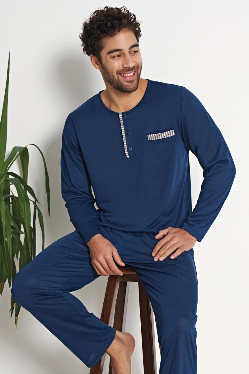 Pijadore 1698 Erkek Uzun Kollu Düğmeli Pijama Takımı - LACİVERT