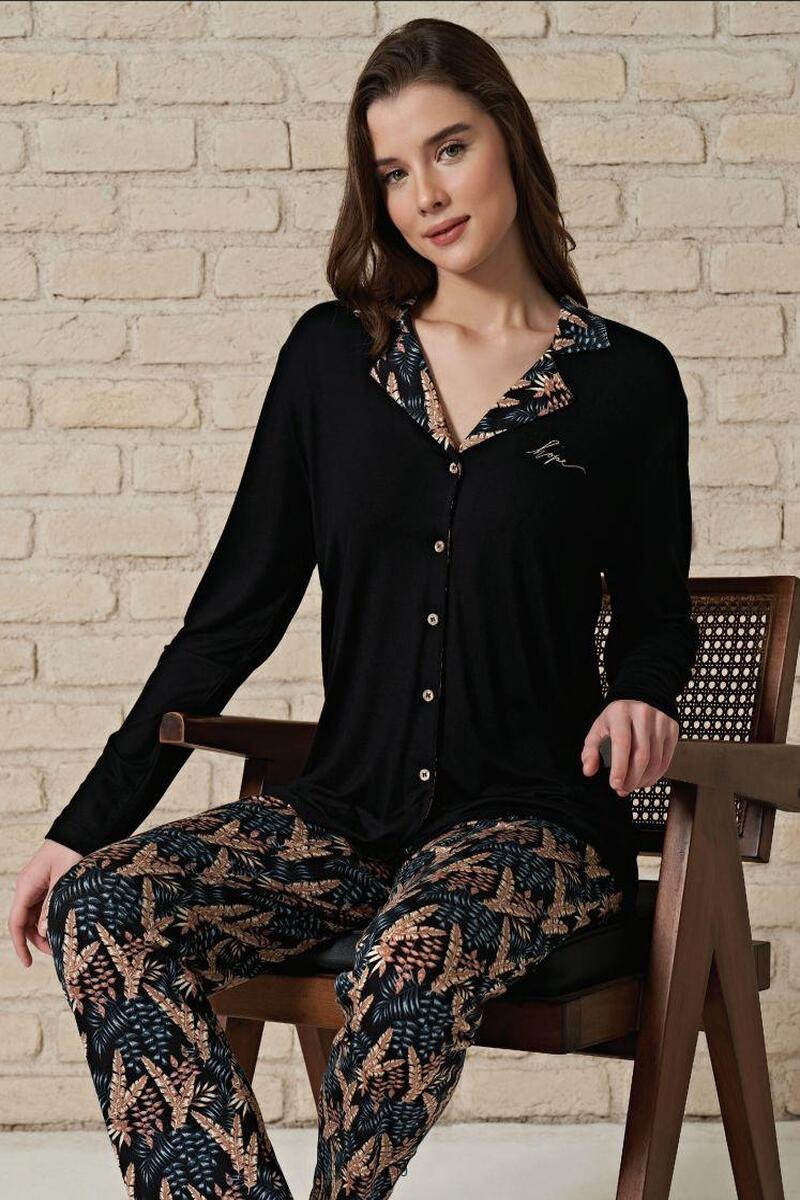 Pijadore 1709 Kadın Önden Düğmeli Uzun Kol Pijama Takım - SİYAH