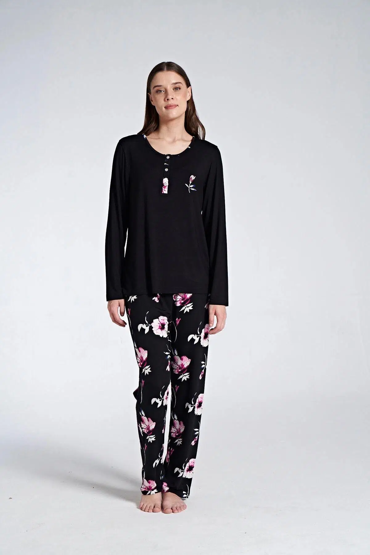 Gd Goldoremi 1761 Kadın Düğmeli Çiçek Desenli Uzun Kol Pijama Takım