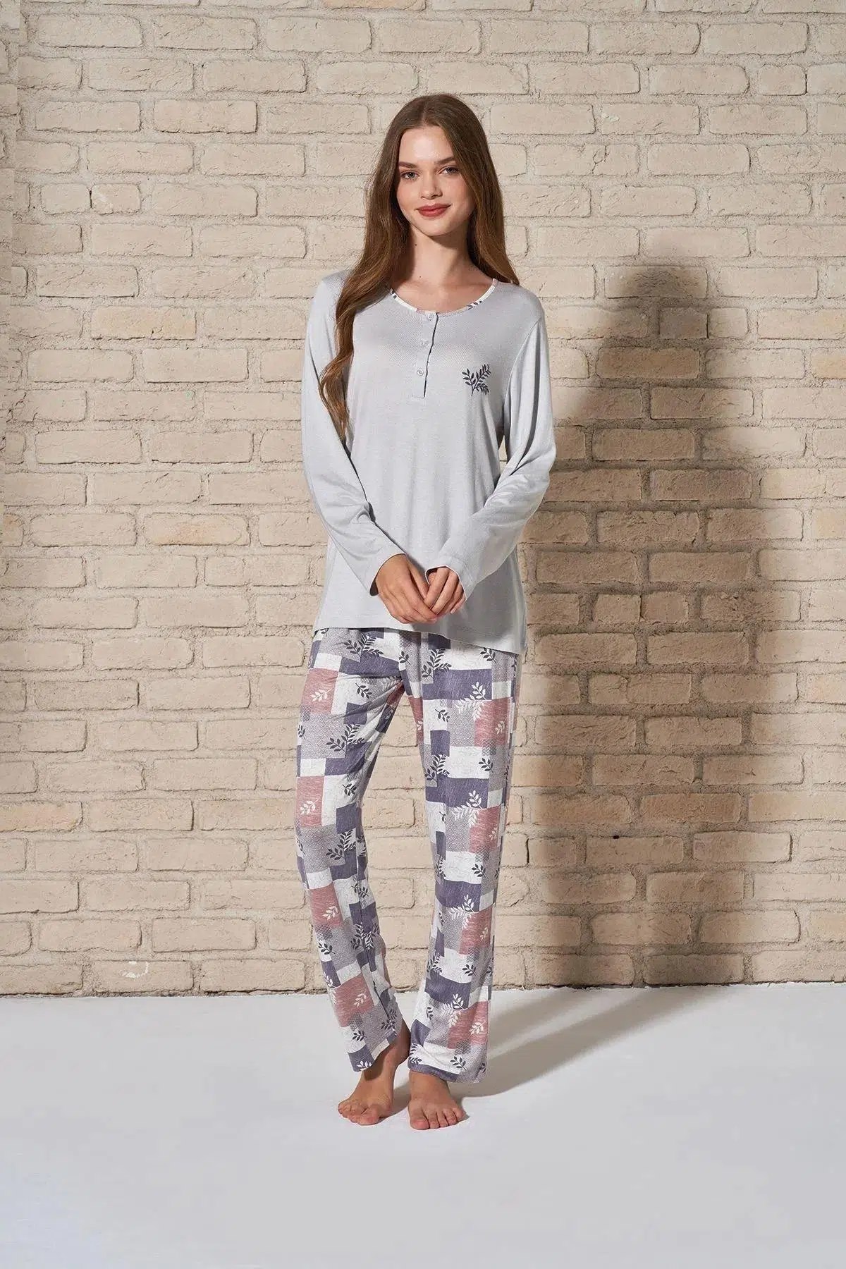 Gd Goldoremi 1764 Kadın Düğmeli Yaka Rahat Yaprak Desenli Uzun Kol Pijama Takım