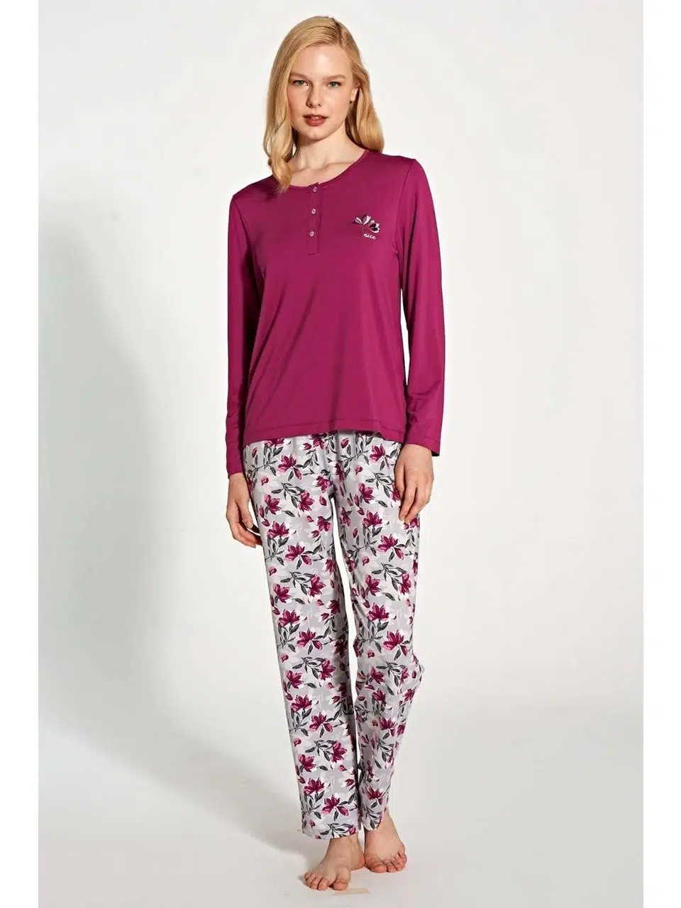 Gd Goldoremi 1776 Kadın Uzun Kollu Düğmeli Desenli Rahat Pijama Takım