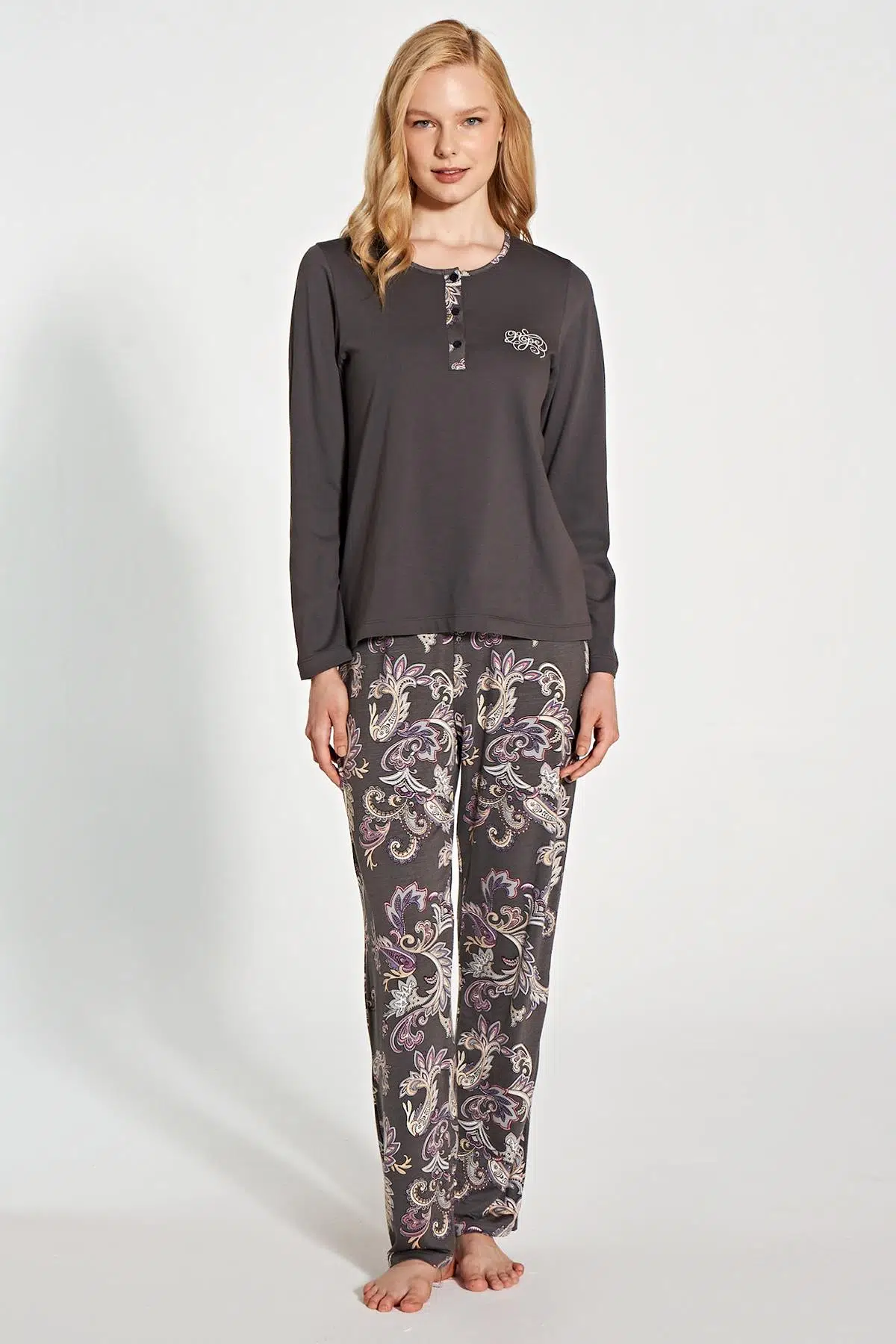 Gd Goldoremi 1782 Kadın Patlı Düğmeli Desenli Uzun Kol Pijama Takım