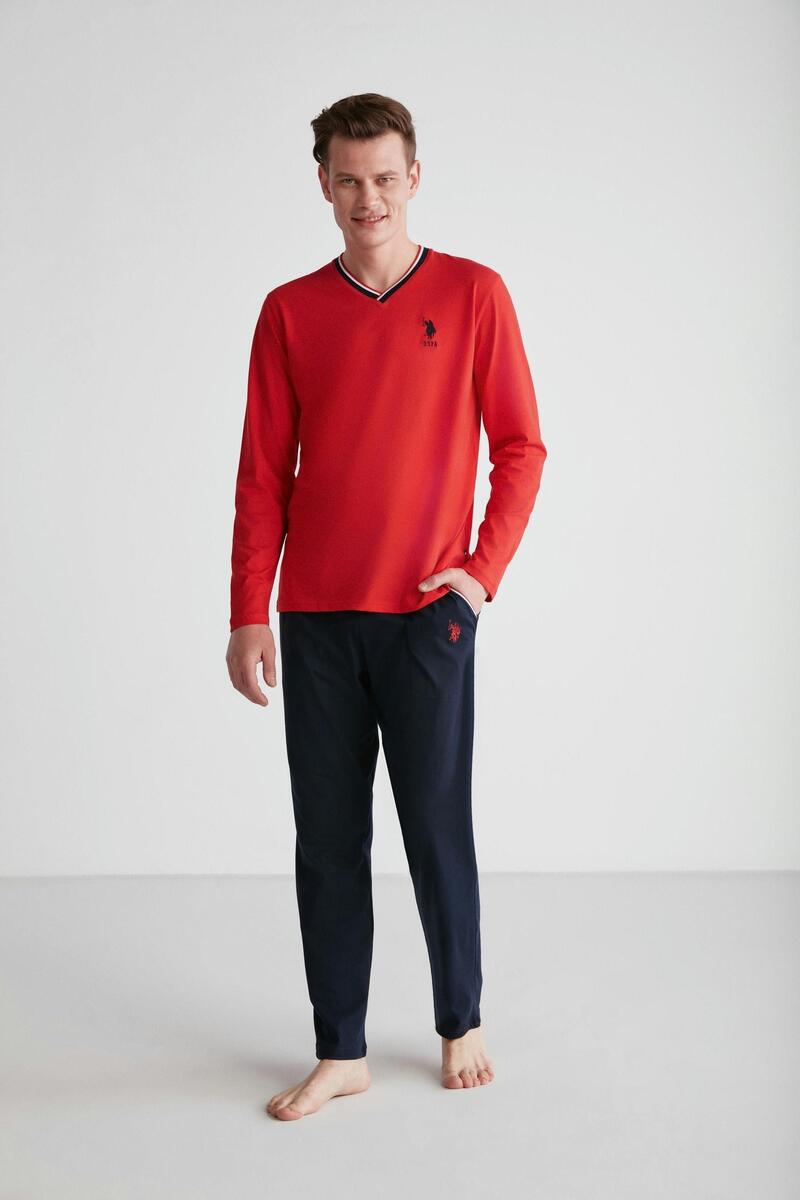 U.S Polo Assn. 18752 Erkek Uzun Kol V Yaka Pijama Takımı - KIRMIZI