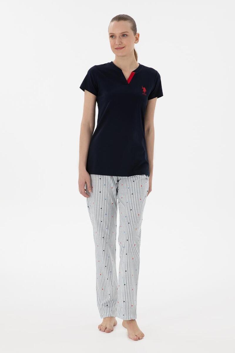 U.S. Polo Assn. Kadın V Yaka Yarım Kollu Patlı Çizgili Pijama Takım - LACİVERT