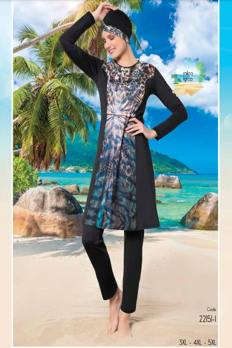 Ruko Maio 22151-1 Desenli O Yaka Micro Lycra Tam Tesettür Mayo - SİYAH