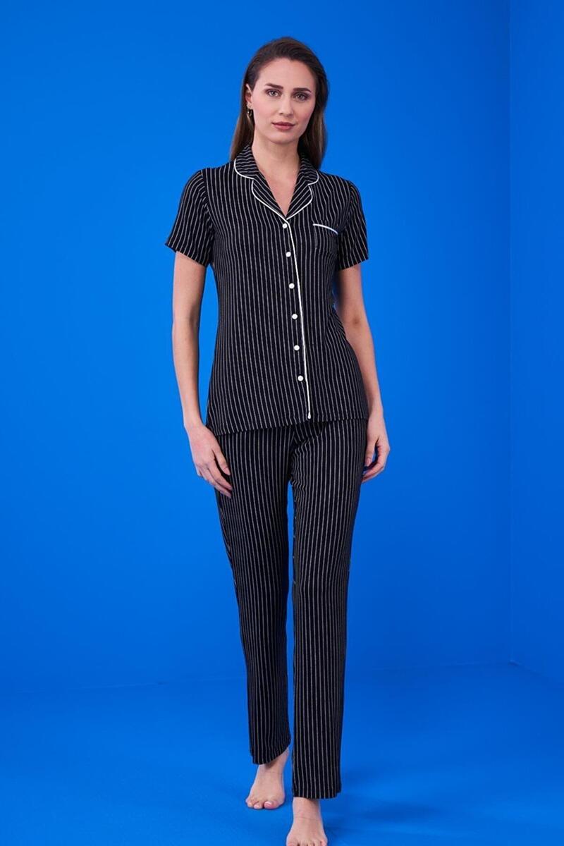 Pjs 23134 Kadın Çizgili Düğmeli Pijama Takım - SİYAH