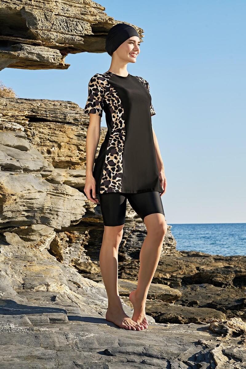 Ruko Maio 23146 Leopar Reglan Yarım Kollu Yarı Tesettür Mayo - LEOPAR