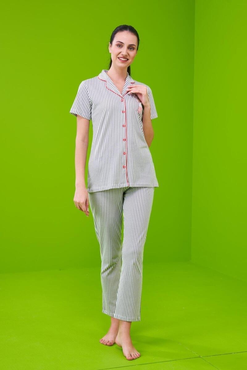 Pjs 23151 Kadın Çizgili Düğmeli Pijama Takım - GRİ