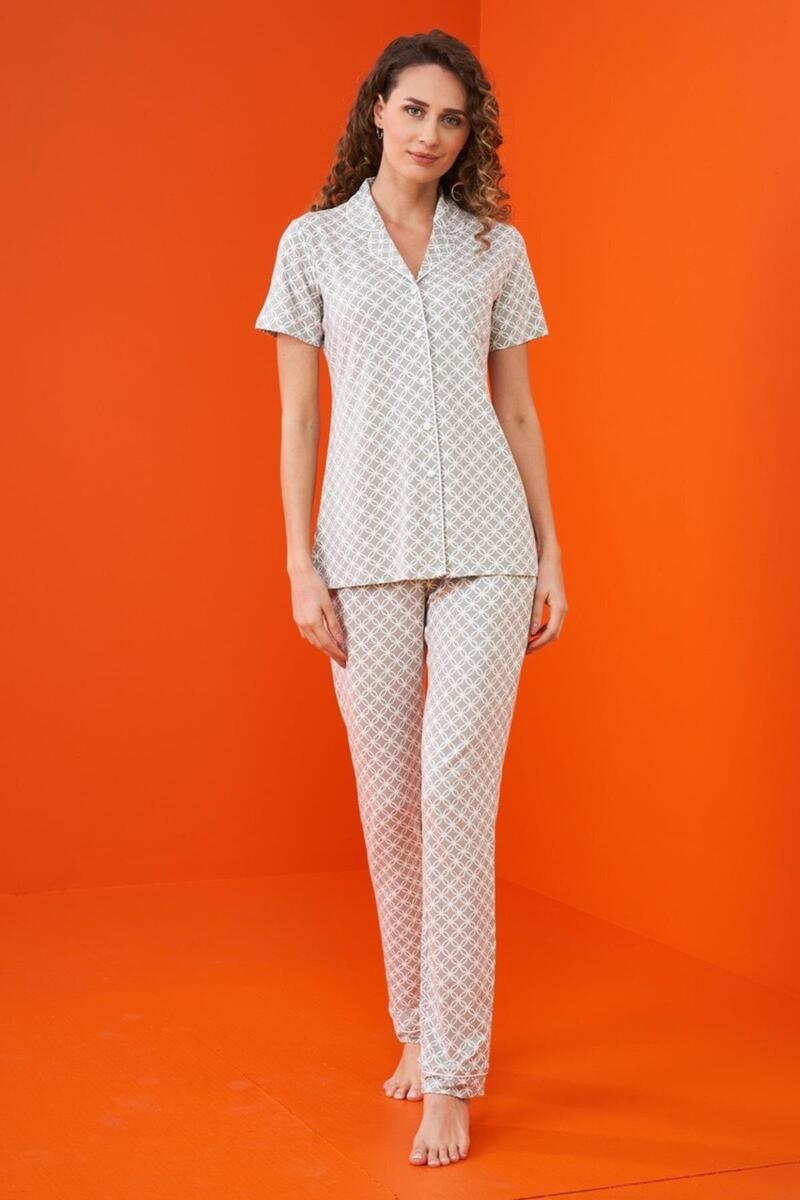 Pjs 23203 Kadın Düğmeli Desenli Pijama Takım - GRİ