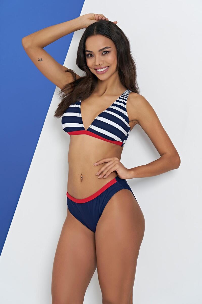 Ruko Maio 2327-1 Kadın Çizgili Geniş Üçgen Omuzdan Askılı Kemerli Bikini - LACİVERT