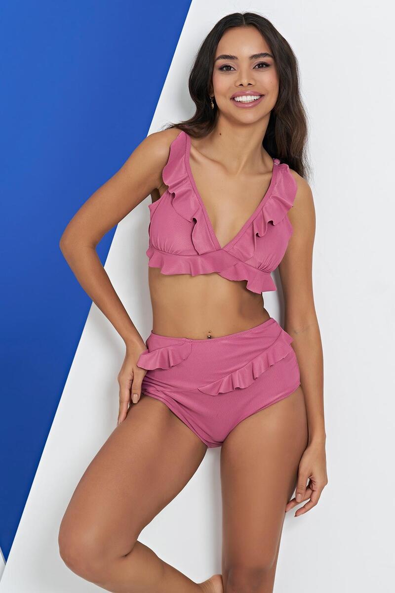 Ruko Maio 2332-2 Kadın Fırfırlı Omuzdan Askılı Yüksek Bel Kemerli Bikini - GÜL