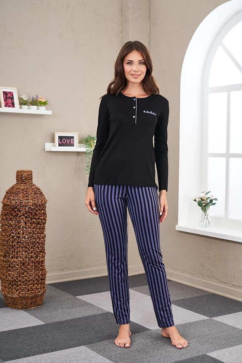 Pjs 23542 Kadın Patlı Çizgili Pijama Takım - SİYAH