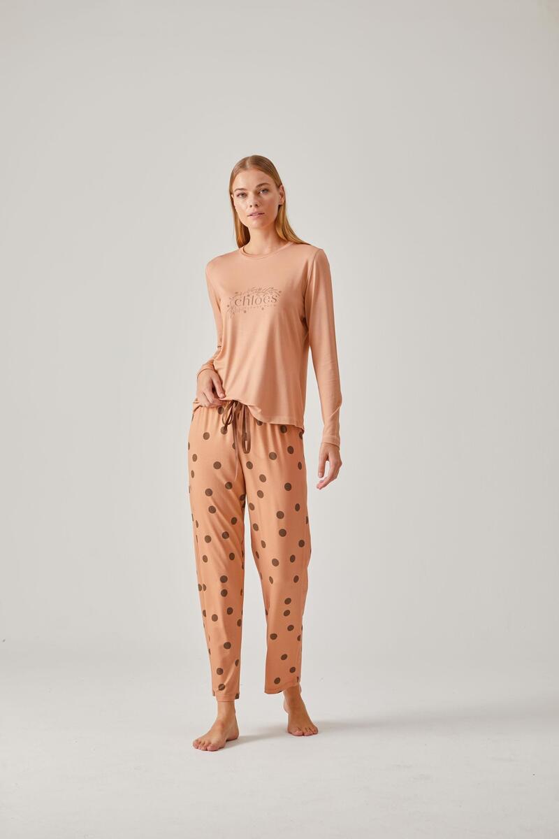 Pamuk Pamuk 24014 Kadın Baskılı Tişört Puantiye Pantolonlu Pijama Takımı - BEJ