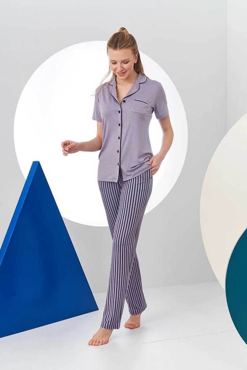 Pjs 24156 Kadın Çizgili Düğmeli Pijama Takım - LİLA