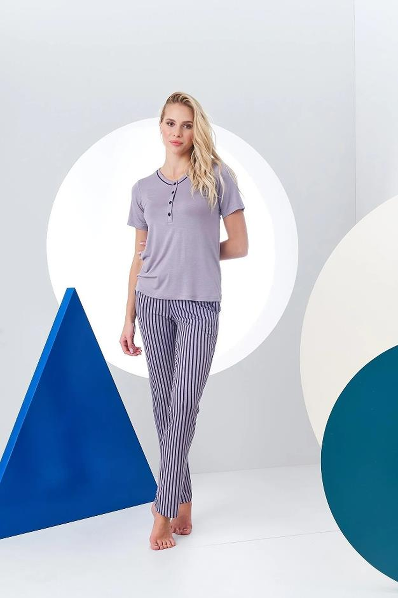 Pjs 24157 Kadın Çizgili Patlı Kısa Kol Pijama Takım - LİLA