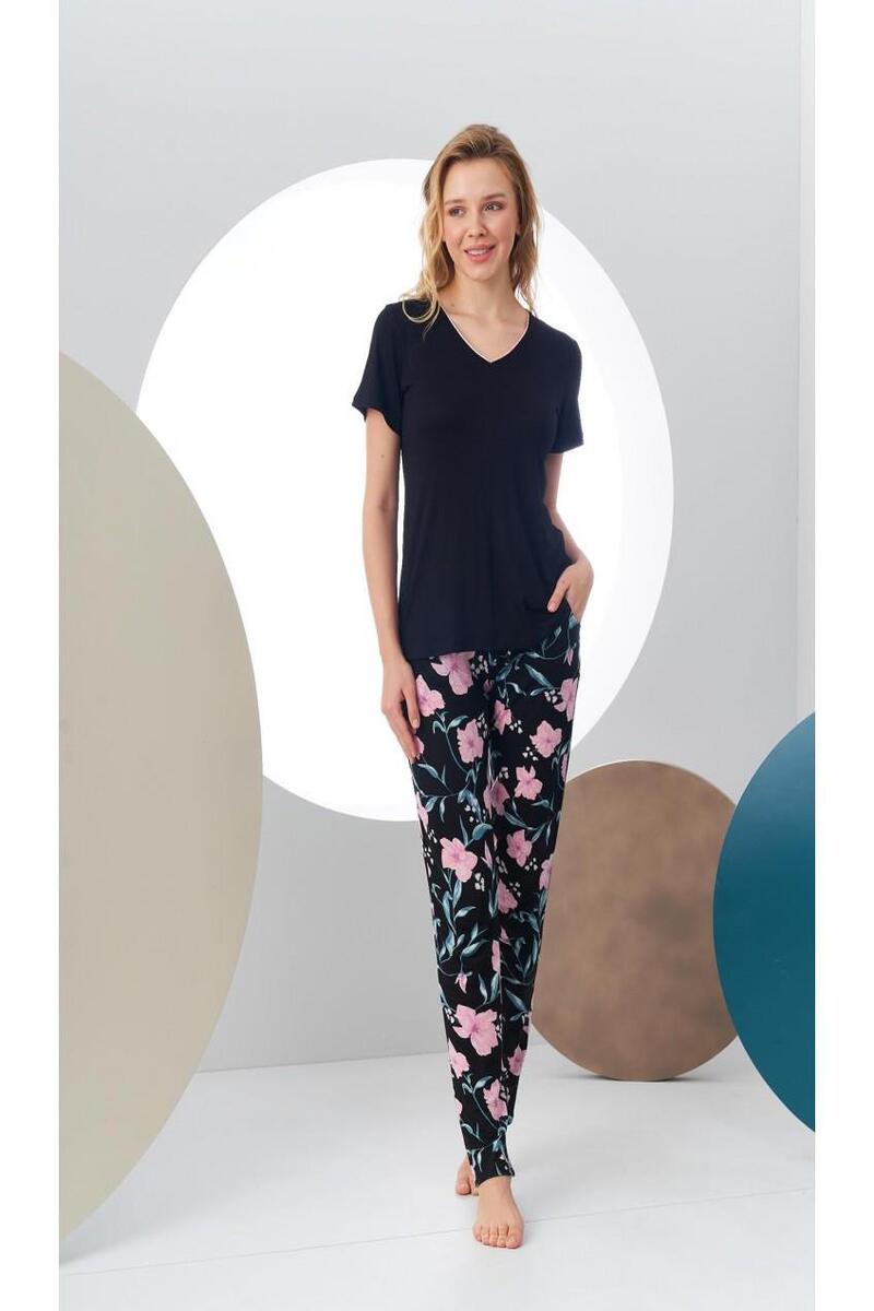 Pjs 24168 Kadın Kısa Kollu V Yaka Desenli Pijama Takım - SİYAH