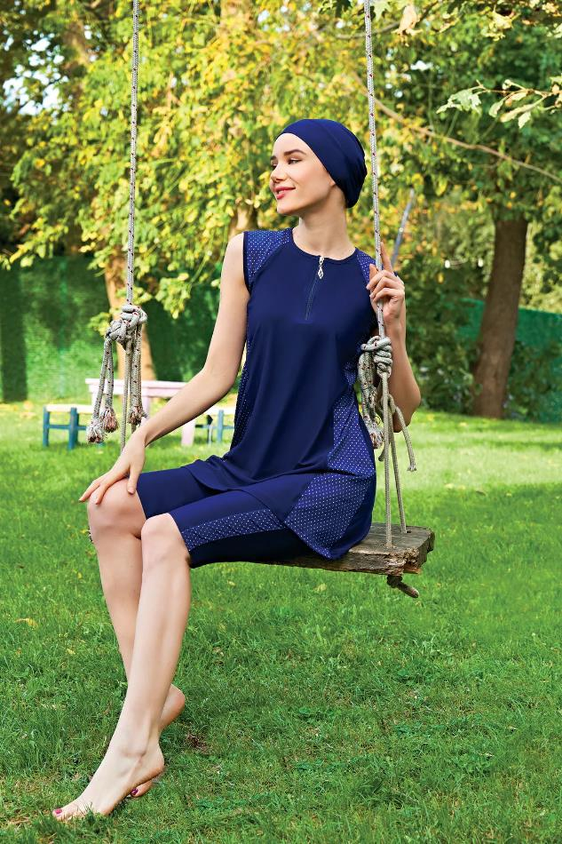 Ruko Maio 2428-4 Puantiyeli 0 Kol Lycra (Su İtici ve Çabuk Kuruyan) Kumaş Tesettür Mayo - LACİVERT