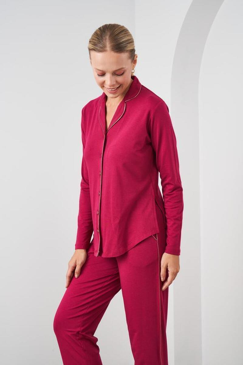 Pjs 24529 Kadın Düğmeli Pijama Takım - BORDO