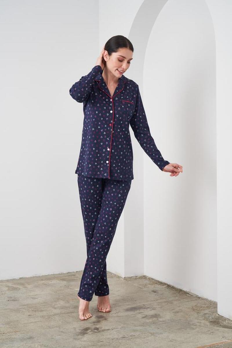 Pjs 24542 Kadın Düğmeli Kalp Desenli Lacivert Pijama Takım - LACİVERT