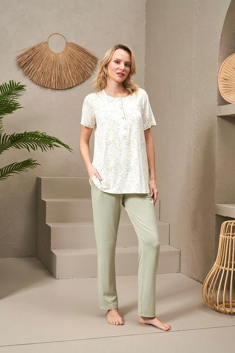 Pjs 25104 Kadın Yuvarlak Yaka Pijama Takım - YEŞİL