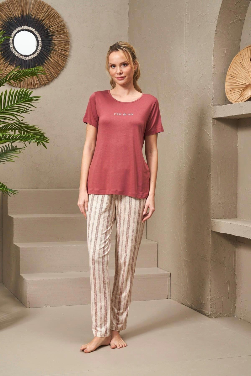 Pjs 25135 Kadın Yuvarlak Yaka İnci Taş Baskılı Çizgili Pijama Takım - GÜL