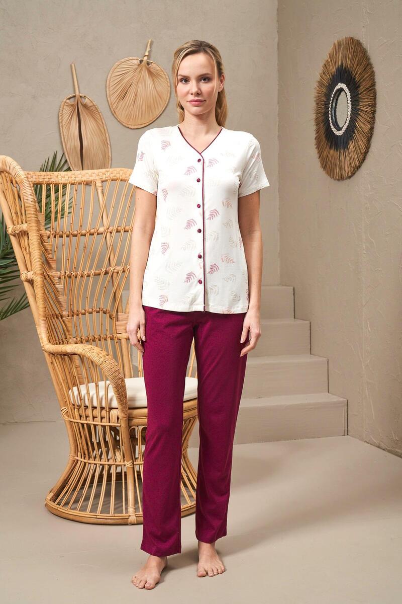 Pjs 25144 Kadın V Yaka Düğmeli Baskılı Kısa Kollu Pijama Takım - BORDO