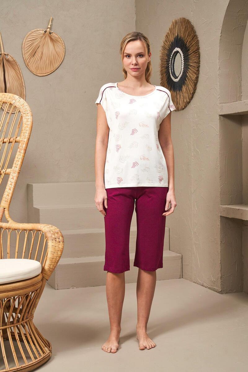 Pjs 25145 Kadın Kısa Kollu Kapri Pijama Takımı - BORDO