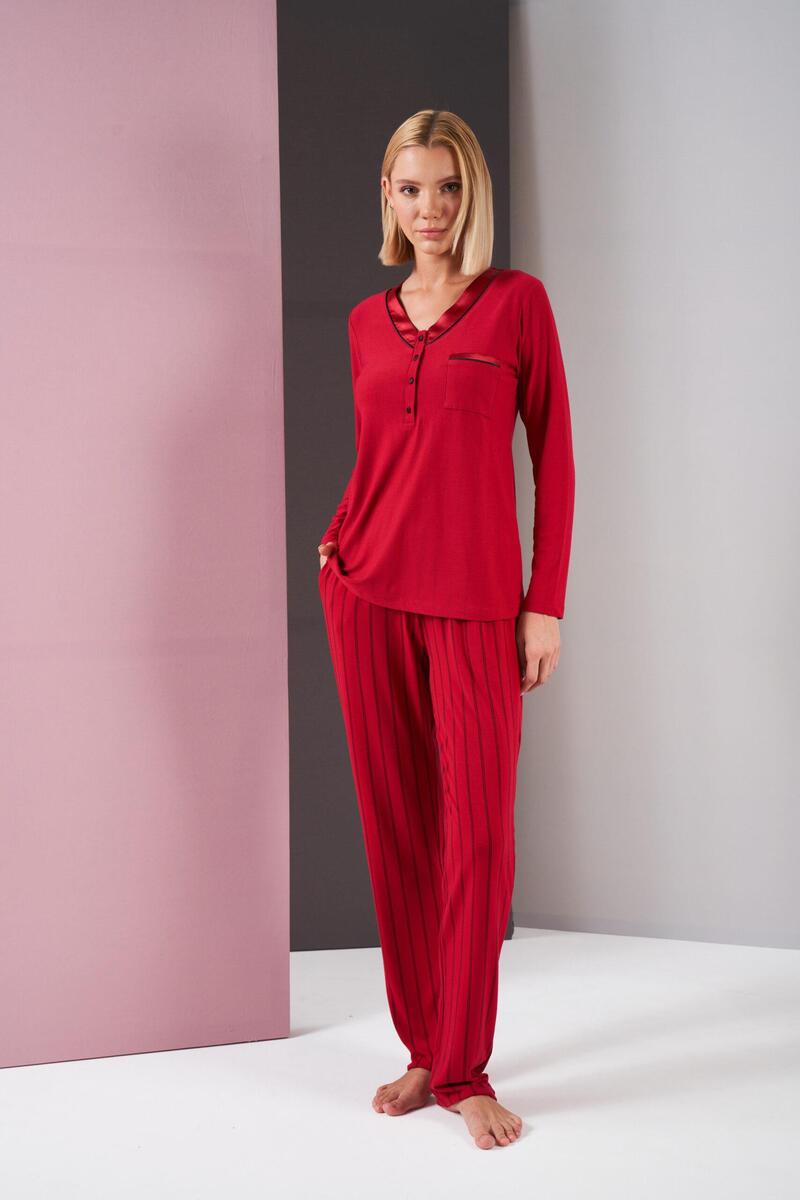 Pjs 26001 Kadın Saten Düğmeli Yaka Cepli Uzun Kollu Pijama Takım - BORDO