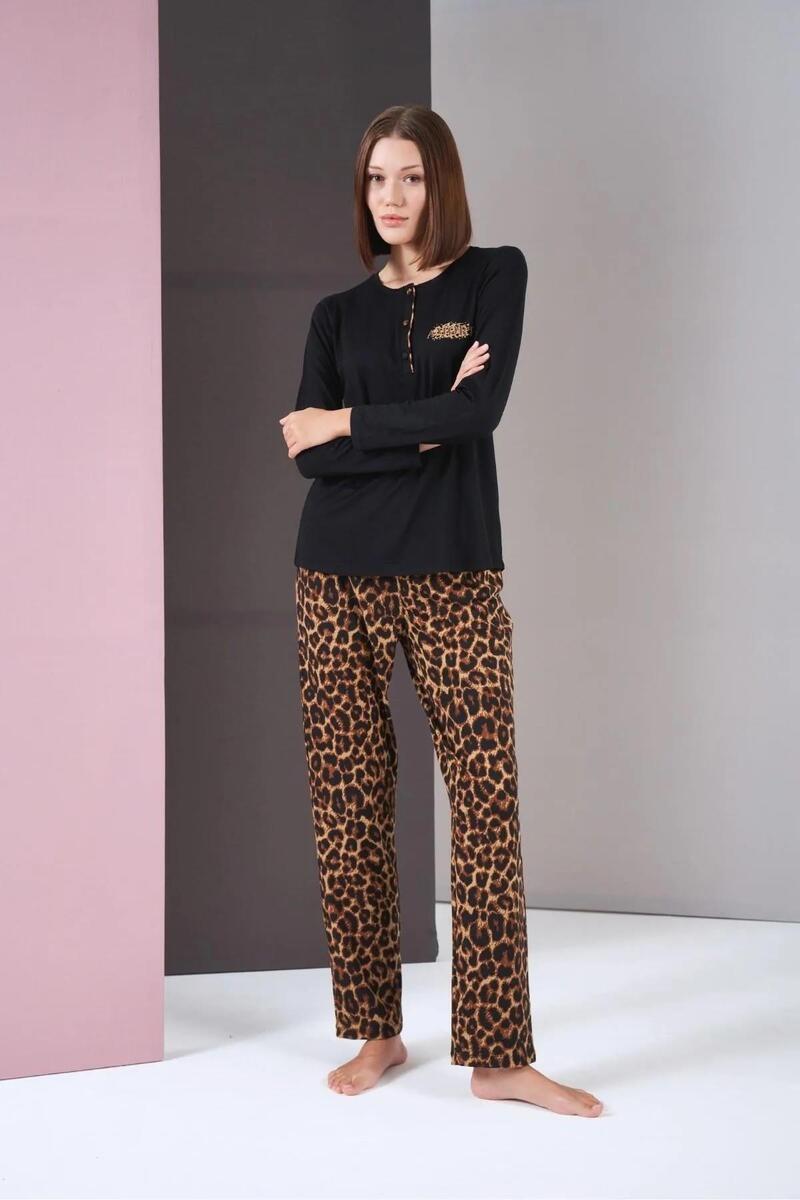 Pjs 26004 Kadın Uzun Kol Leopar Desenli Pijama Takım - SİYAH