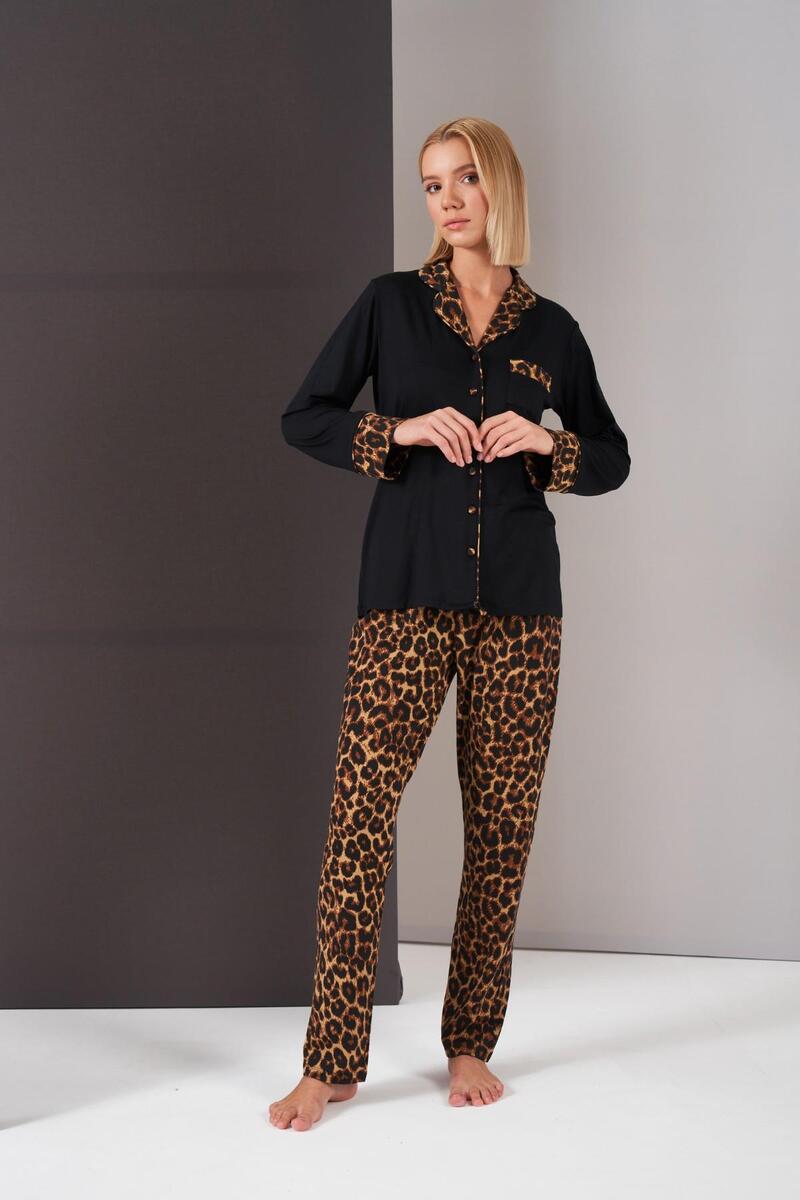Pjs 26006 Kadın Patlı Boydan Düğmeli Leopar Desenli Uzun Kollu Pijama Takım - SİYAH