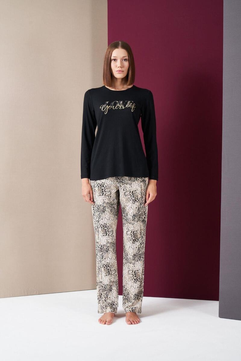 Pjs 26020 Kadın Love Yourself Yuvarlak Yaka Leopar Desen Uzun Kol Pijama Takım - SİYAH