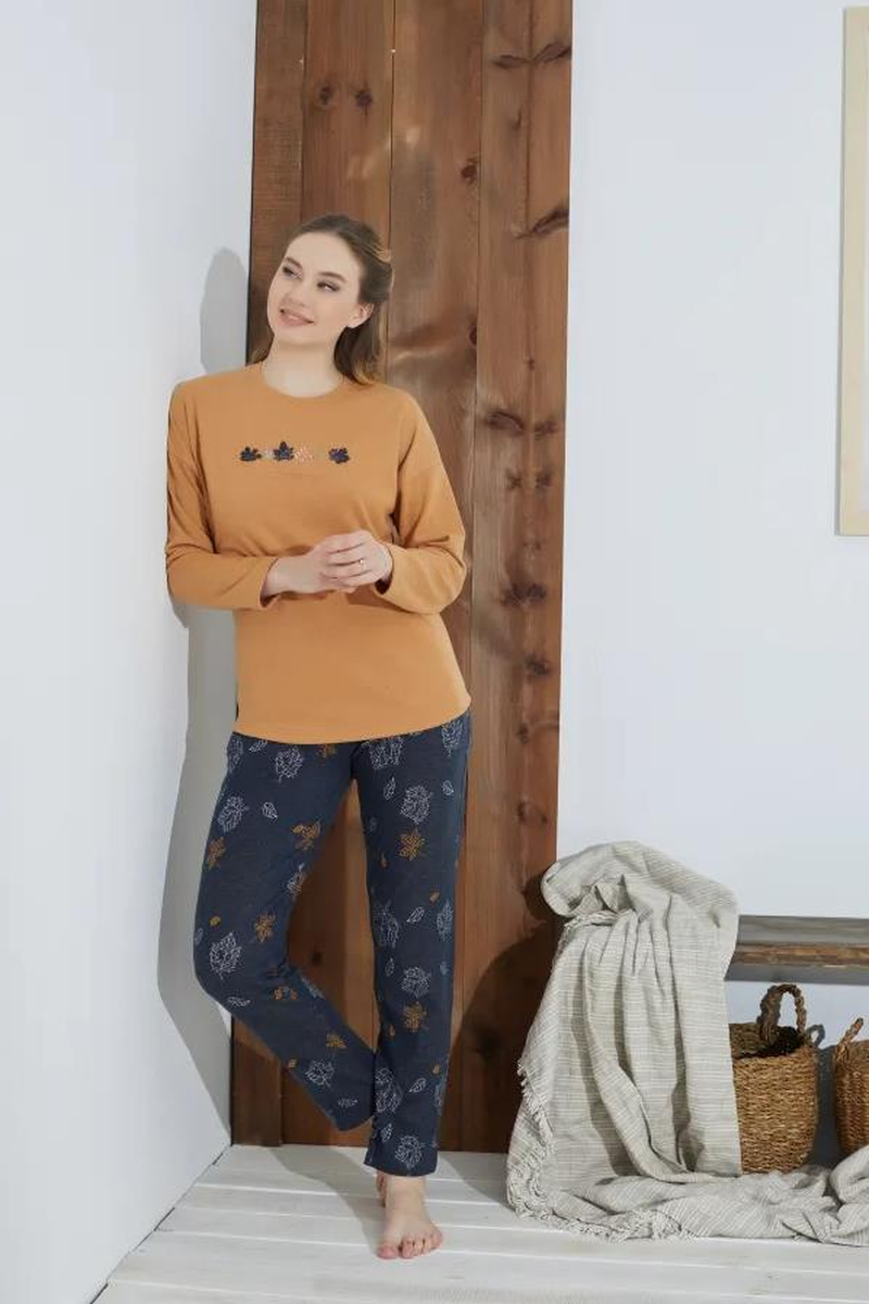 Rozalinda 2802 Kadın Bisiklet Yaka Jakarlı Pijama Takımı - HARDAL